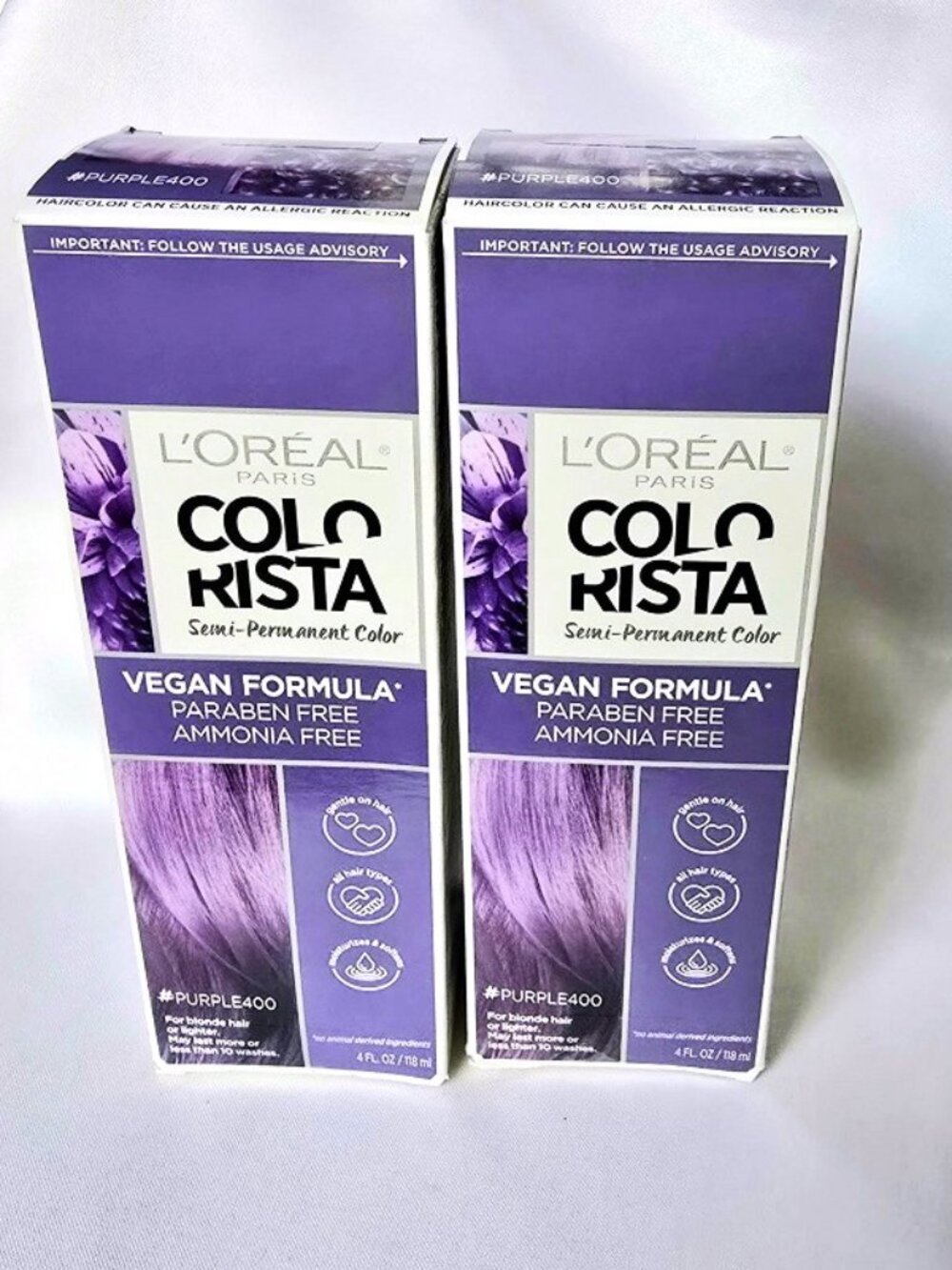 2 x L'Oreal Paris ColoRista Semi-Permanent Hair Color for Blondes Purple 400 NIB